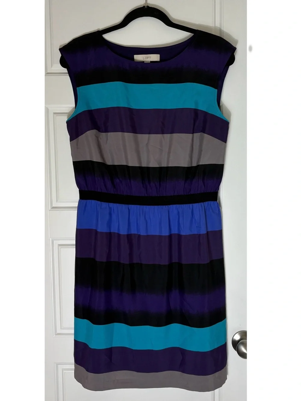 LOFT Multicolor Striped Cap-Sleeve Dress — Turquoise, Purple & Black
